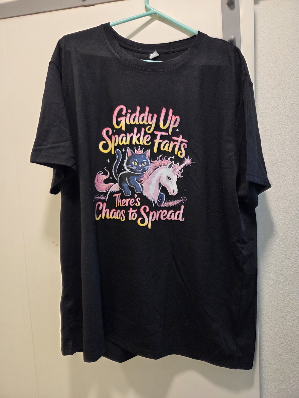 SHEIN Black Tee with Pink & Yellow Unicorn and Cat Graphic